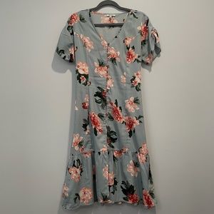 Knee Length Dusty Blue Floral Dress Midi